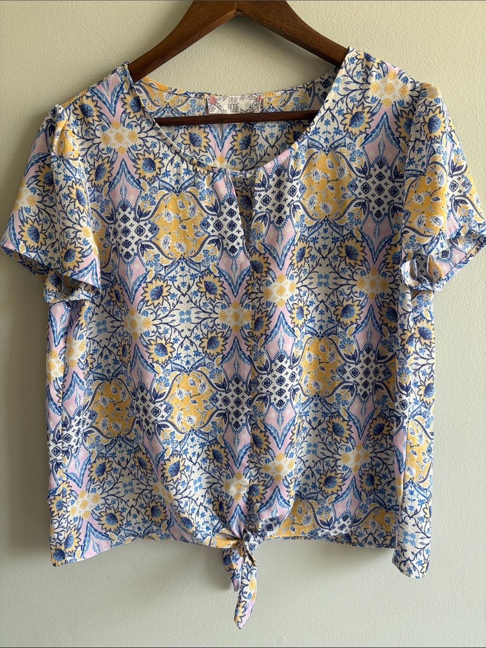 Pink Rose Vintage Tile Floral Tie Front Top Large
